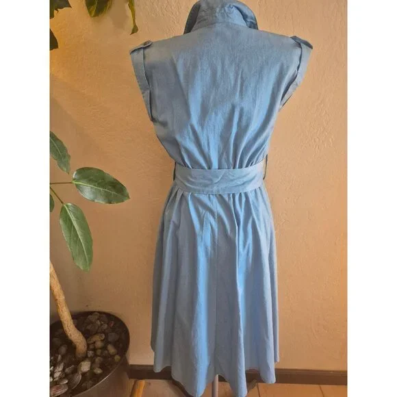 Aaron & Amber Light Blue Sleeveless Button-Up Shirt Dress With Belt - Size Small - Picture 3 of 6